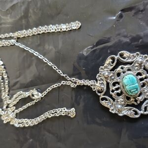 Elegant Silver Necklace with Turquoise Accent Pendant New 30 Inch Chain